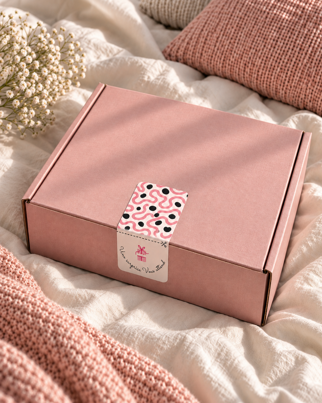 Les coffrets HerBeauty Rose, Noire et Beige sur un lit