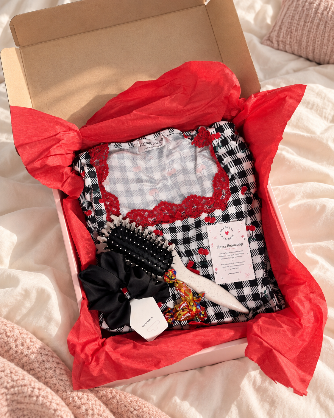 Coffret HerBeauty Beige ouvert sur un lit
